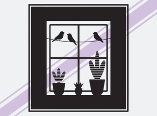 Three Birds on Window Frame with Potted Plants Silhouette in Black and White for Peaceful Home and Nature-Inspired Design Concepts
