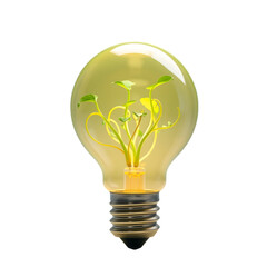 A healthy green plant growing inside a vintage incandescent light bulb symbolizing renewable energy and innovation. Transparent PNG file