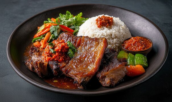 Savory babi guling with tender meat and spicy sambal served beautifully on a dark plate