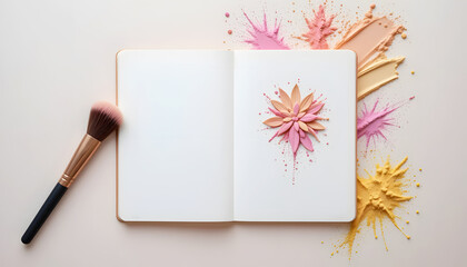 Makeup powder explosion and brush on open notebook