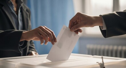 Person dropping a ballot into a voting box during an election with focus on the hands and the vote