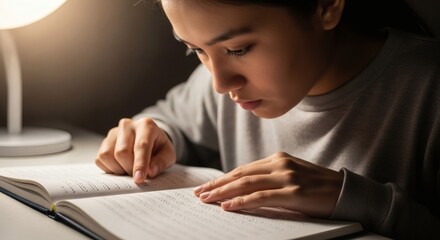 A young woman reading braille under a lamp with her fingers tracing the raised dots on the page intently