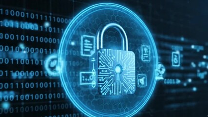 A futuristic cybersecurity concept featuring a glowing blue digital padlock icon with a circuit board design, surrounded by data icons, all over a dark background with binary code. - Powered by Adobe