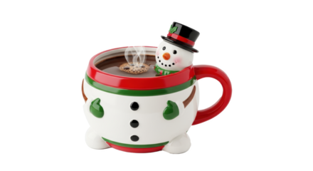 A snowman mug filled with hot chocolate and a cookie floating in it on a black background image view
