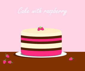 Cake with fresh raspberries. Cartoon food illustration