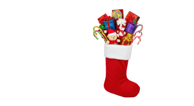 A red christmas stocking filled with gifts candy canes and a teddy bear on a black background space to left