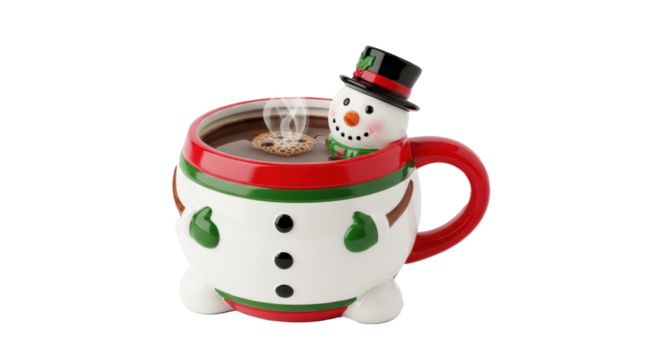 A snowman mug filled with hot chocolate and a cookie floating in it on a black background image view