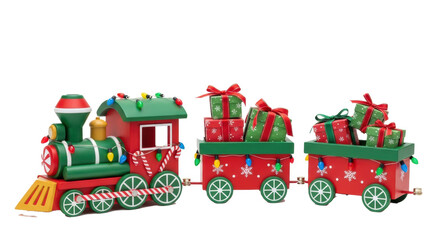 A christmas train with red and green cars carrying wrapped gifts decorated with lights on a black background