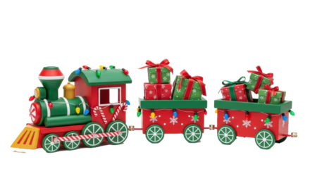 A christmas train with red and green cars carrying wrapped gifts decorated with lights on a black background