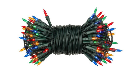 A tightly wound bundle of christmas lights with red blue green and yellow bulbs on a white background