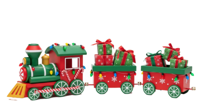 A christmas train with red and green cars carrying wrapped gifts decorated with lights on a black background - Powered by Adobe