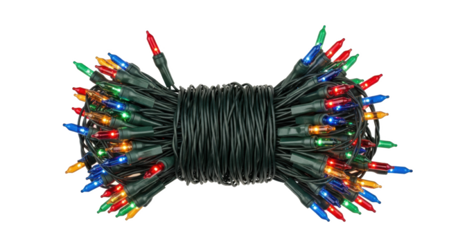 A tightly wound bundle of christmas lights with red blue green and yellow bulbs on a white background