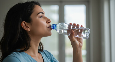 Profile of a Healthy Woman Drinking from a Water Bottle