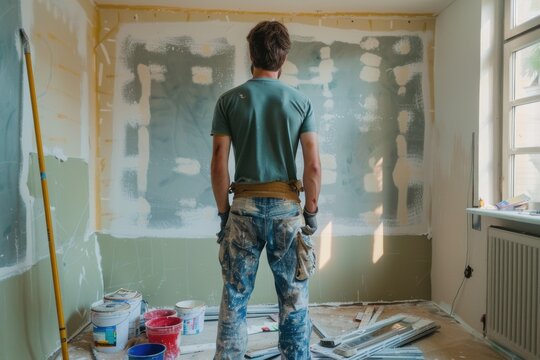 Lazy house painter faces half-finished walls, paint supplies scattered, natural lighting, documentary style.