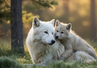 Obraz premium A Majestic Arctic Wolf and Pup in a Golden Sunrise. Generative Ai