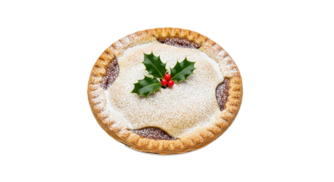 A single mince pie topped with icing sugar and a sprig of holly on a plain black background view from above