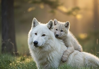 Obraz premium A Majestic Arctic Wolf and Pup in a Golden Sunrise. Generative Ai