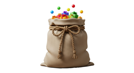 A sack filled with colorful gifts and floating spheres against a black background illustration art