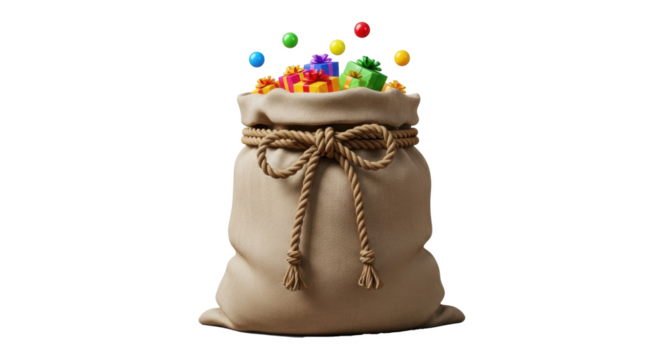A sack filled with colorful gifts and floating spheres against a black background illustration art