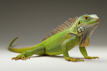 Obraz premium Vibrant green iguana showcasing its unique features against a subtle background
