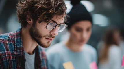 dynamic workspace featuring diverse team of young professionals collaborating on groundbreaking ai startup