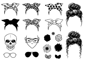 Messy Buns Items Pack: A curated collection of beauty items, ranging from stylish headscarves to fashionable eyewear and decorative flowers, all meticulously rendered in striking black and white.
