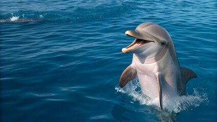 Playful dolphin emerging from bright blue ocean water, marine life close-up 