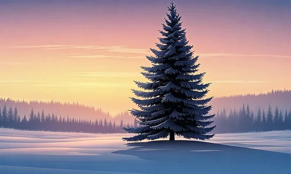 Winter sunrise in snowy forest