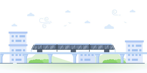 Vector illustration of a modern monorail train traveling on an elevated track through a city, representing sustainable transportation and urban infrastructure.