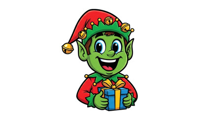 Obraz premium A cartoon christmas elf with green skin holding a blue and yellow gift box with a red and green hat