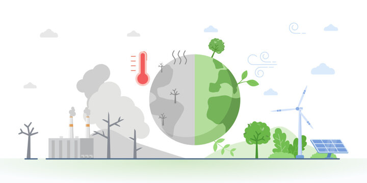 Vector illustration contrasting climate change impacts with renewable energy solutions, showing a polluted factory and barren land alongside a green Earth, solar panels, and wind turbines.