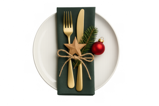 Festive holiday table featuring golden cutlery, pine sprig, wooden star, red bauble, green napkin elegantly arranged on white plate for seasonal dining