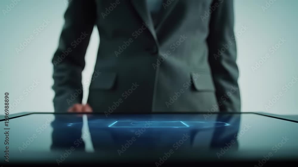 Poster businessperson using futuristic touchscreen interface with digital display, glowing graphic elements