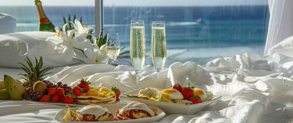 Ocean view breakfast in bed with champagne, eggs benedict, fruits, and white lilies on crisp hotel linens.