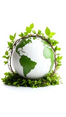 Earth globe encircled by greenery, isolated on white