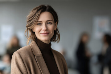 confident and smiling hr manager in modern office setting positioned on left side of frame
