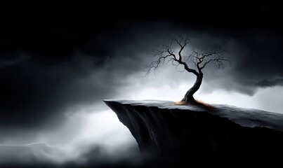 Lonely tree stands defiantly on a cliff under a dramatic dark sky at twilight