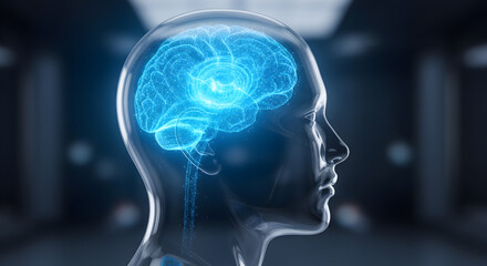 Obraz premium Cinematic Shot of a Translucent Glass Human Head Silhouette with a Complex, Glowing Digital Brain (Blue Plexus Network) Visible Inside