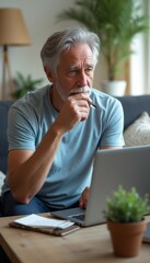 Thoughtful senior man working on laptop at home