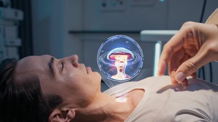 Advanced medical technology displays patient data in futuristic healthcare setting while doctor engages in treatment - Powered by Adobe