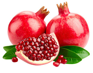 Pomegranate fruit and seeds isolated on a transparent background.