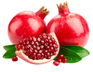 Pomegranate fruit and seeds isolated on a transparent background.