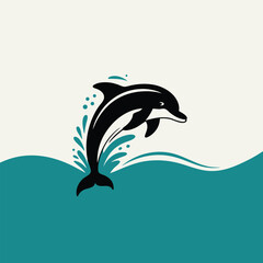 Black silhouette of a dolphin leaping from turquoise ocean waves