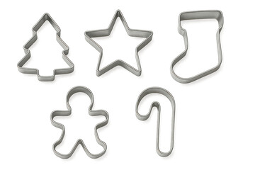 Metallic holiday cookie cutters displaying festive star, tree, and bell shapes resting on clear surface before baking