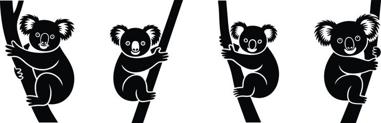 Four black silhouette koalas clinging to tree branches in a row © rratry