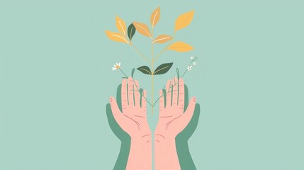 Nurturing hands hold a geometric plant, minimal growth with simple color blocks forming healing art.