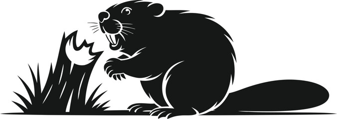 Fierce black silhouette of a beaver gnawing on a tree stump