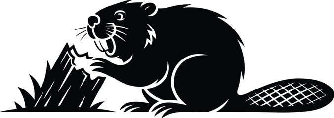 Cartoon beaver gnawing on a branch with a textured tail