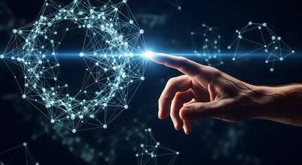 Photorealistic Image of a Human Hand Reaching Out to Touch a Node of a Floating, Holographic Neural Network, Causing it to Light Up