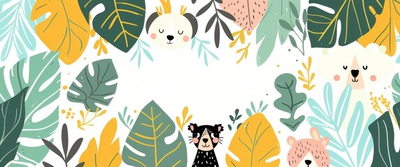 Fototapeta premium Geometric leaf shapes and cute animal faces form a minimal jungle design with flat colors, simple pattern fills, and modern illustration style shading.